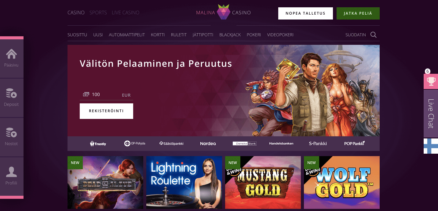 Malina Casino - Arvostelu 2024 & Kokemuksia, Bonus 500€ + 200 ik